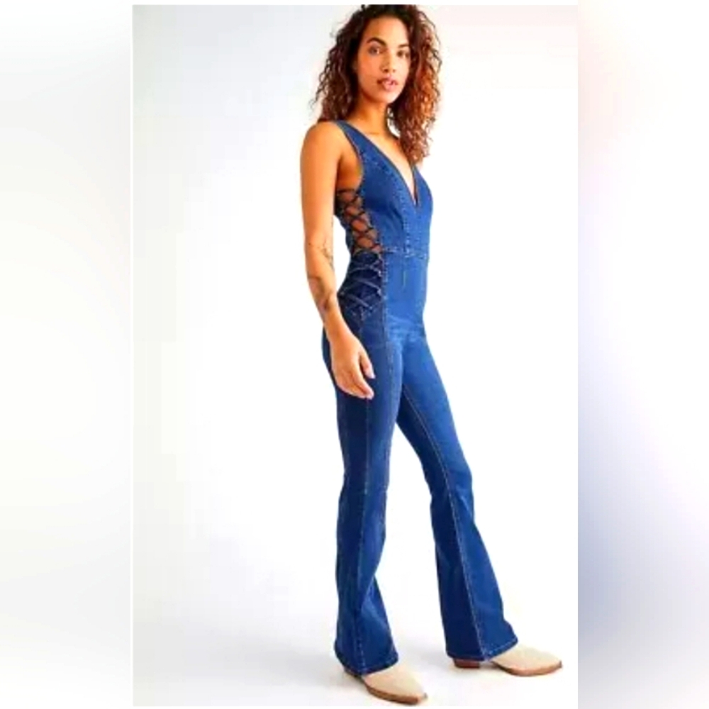 Free People Geanie Lace Up Denim Jumpsuit